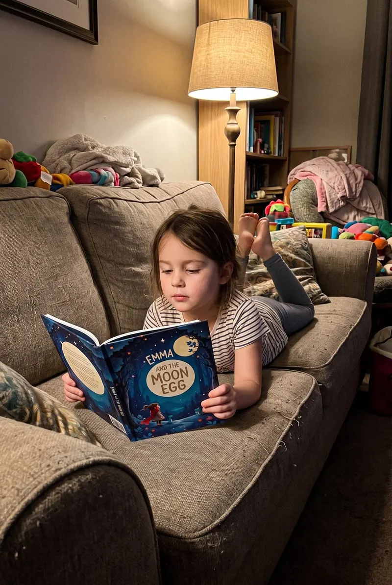 A child reading her Quibbo chapter on the couch